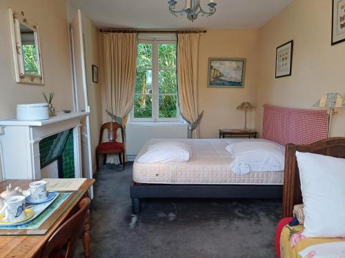 a bedroom with a bed and a fireplace at Caux Loc' du Manoir in Graincourt