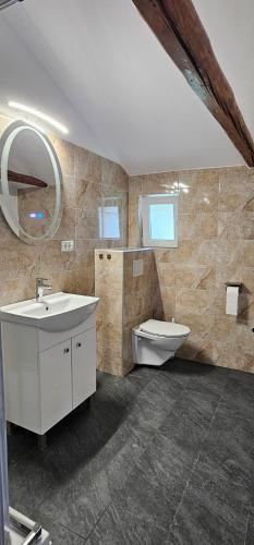 a bathroom with a sink and a toilet and a mirror at Vila Trifoi Apartamente in Breaza de Jos