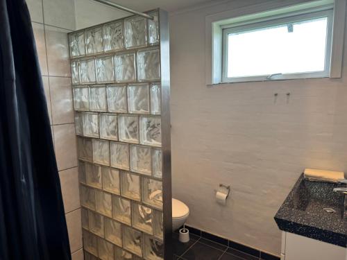 a bathroom with a toilet and a glass block wall at Henne Strand Ferie Accommodation in Hennebjerg