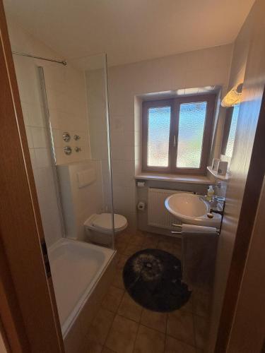 a bathroom with a shower toilet and a sink at Ferienwohnungen Größwang in Bischofswiesen