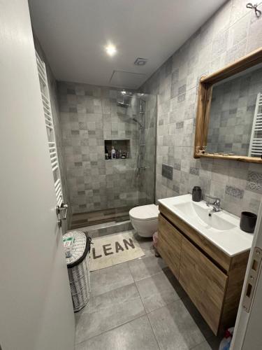 a bathroom with a sink and a toilet at Mimis House in Tsotílion