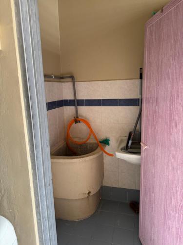 a bathroom with a toilet with a broom in it at D Anggun Homestay in Kampung Gurun
