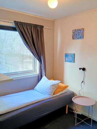 a bedroom with a bed and a window at Tromso Coco Apartments in Center in Tromsø