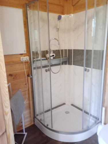 a shower with a glass enclosure in a bathroom at Letniak pod Dębami in Grabina