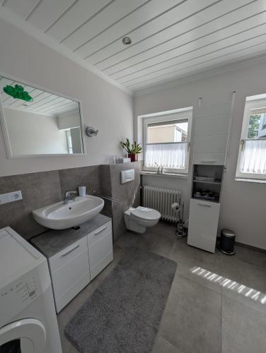 a white bathroom with a sink and a toilet at Ferienwohnung zum Bätstän in Pluwig