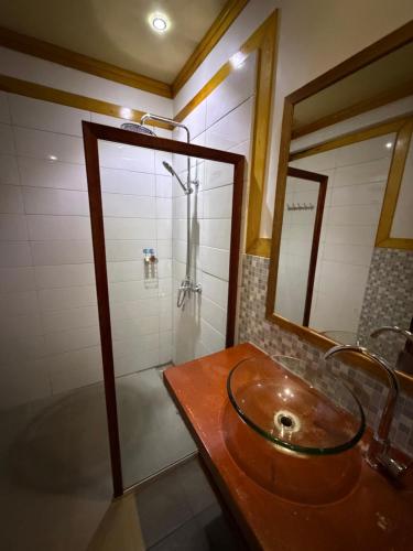 a bathroom with a sink and a shower at Zora Beach Inn Mathiveri in Mathiveri