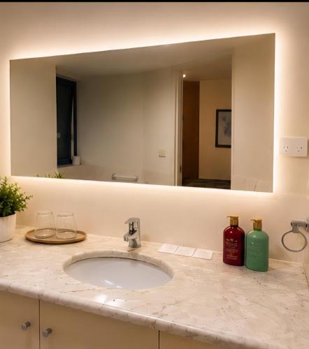a bathroom with a sink and a large mirror at Hobart city hotel in Hobart