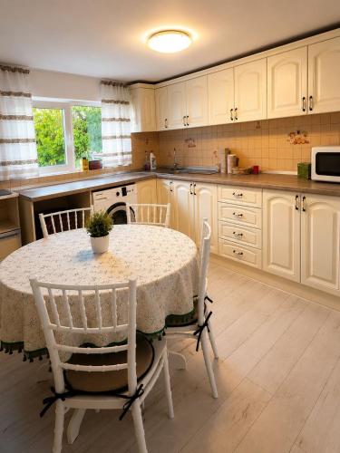 a kitchen with a table and chairs in a kitchen at Casuta Irinei in Gura Vadului