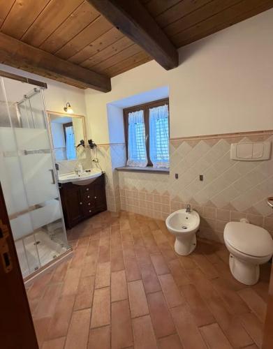 a bathroom with a toilet and a shower and a sink at Affittacamere Castelmanardo in Amandola