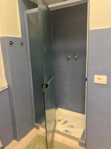 a shower with a glass door in a bathroom at Binario1 Lake View in Lierna