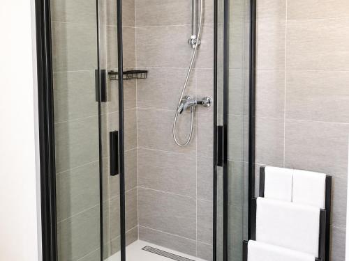 a shower stall with a glass door with a shower at Na kopečku u lesa in Březová