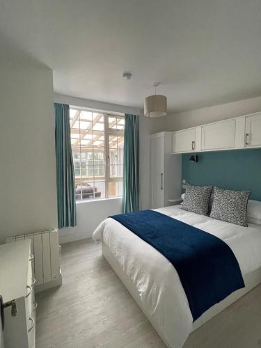 a bedroom with a large bed and a large window at Mickeys Shed in Waterford