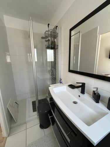 ein weißes Badezimmer mit Waschbecken und Dusche in der Unterkunft Elo'Nco in Caderousse