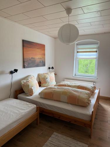 a bedroom with two beds and a window at Ferienwohnung Furchner in Sayda