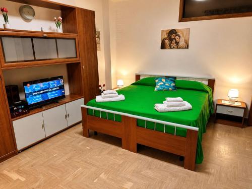 a bedroom with a green bed and a television at Vista Isole Eolie in Piraino