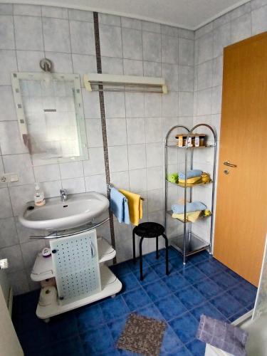 a small bathroom with a sink and a mirror at Ferienwohnung-Heidi in Neuwilthen