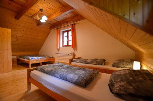 a attic room with two beds in a cabin at Jezinka Dolní Morava in Dolní Morava