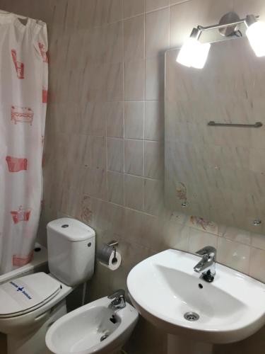a bathroom with a toilet and a sink and a mirror at Villa del Pi in L'Ametlla de Mar