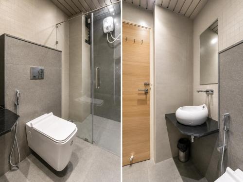 two pictures of a bathroom with a toilet and a shower at Hotel VAAYU Stay IGI Airport in New Delhi