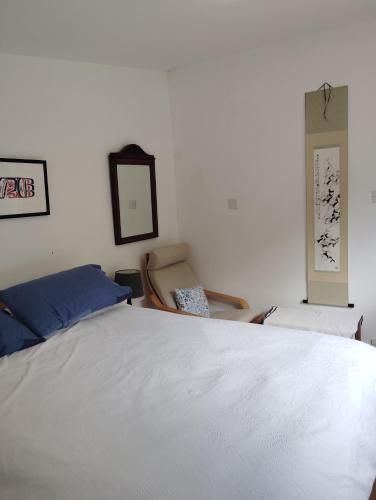 a bedroom with a white bed and a chair at New Ross Farm Cottage in New Ross