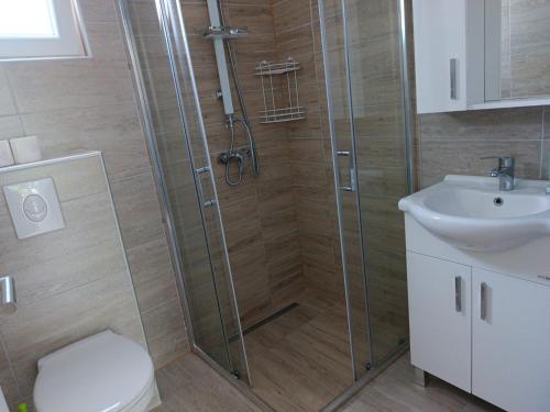 a bathroom with a shower with a toilet and a sink at Apartman Ramljak in Prozor