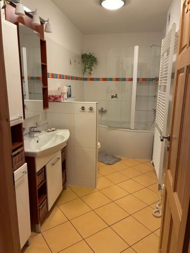 a bathroom with a sink and a shower at PENZION VLASTA in Zlín