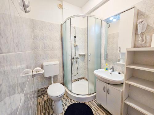 a bathroom with a shower and a toilet and a sink at Weinberger Vendégház in Zamárdi