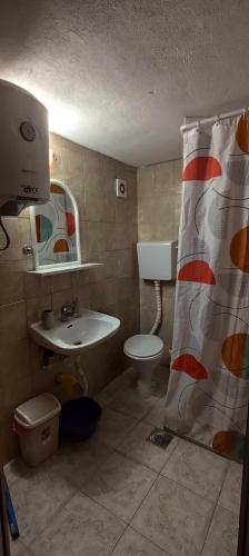 a bathroom with a sink and a toilet and a shower curtain at Apartmani Vučević in Sutomore