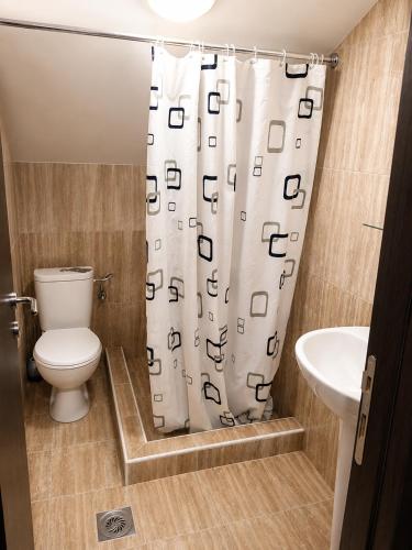 a bathroom with a toilet and a shower curtain at Vila Radovanje in Cerovac