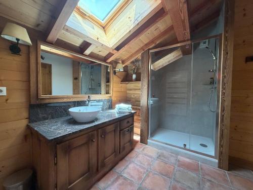 a bathroom with a sink and a shower at Chalet Pétérets in Samoëns