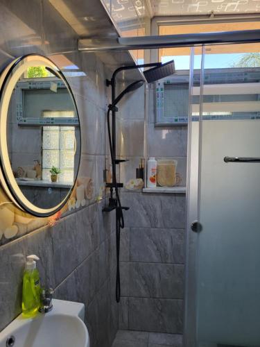 a bathroom with a shower and a sink and a mirror at sweet home in Alger
