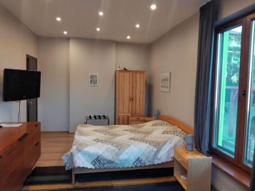 a bedroom with a bed and a tv and a window at Hedgehog Villa - Вила Таралеж in Velingrad