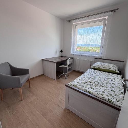 a bedroom with a bed and a desk and a chair at Lima Apartment in Bernolákovo