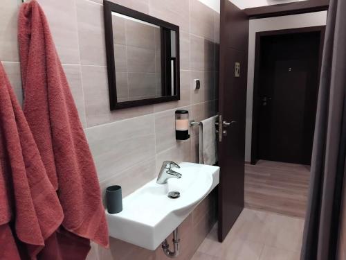 a bathroom with a white sink and a mirror at Hedgehog Villa - Вила Таралеж in Velingrad