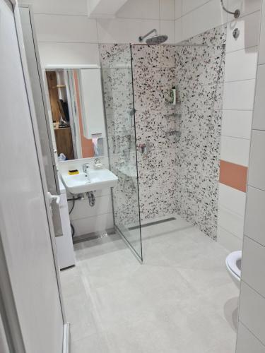 a bathroom with a shower and a sink at Apartman Angela in Igalo