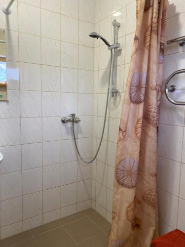 a shower with a shower curtain in a bathroom at ATOSTOGAUTI GERA in Palanga
