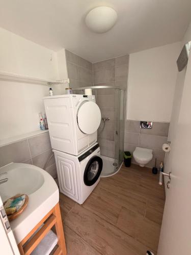 a small bathroom with a toilet and a sink at Schmöllner Eierlei in Schmölln