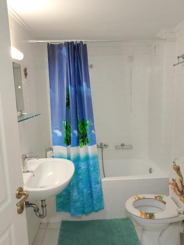 a bathroom with a sink and a toilet and a shower curtain at Alkyona in Patra