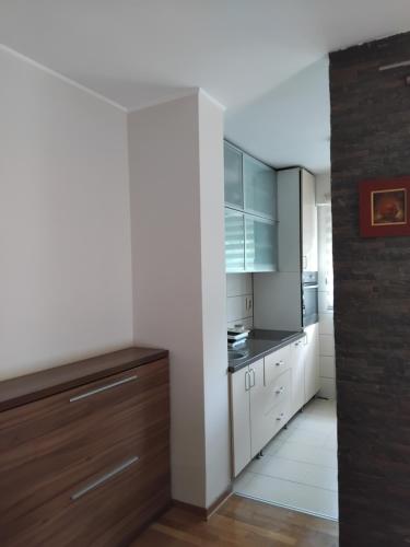 a kitchen with white counters and wooden cabinets at Zvezdica in Užice