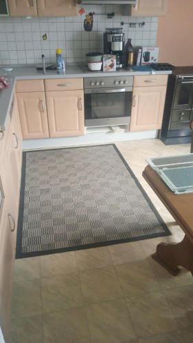a kitchen with a kitchen rug on the floor at Bauernwohnung in Waldmünchen