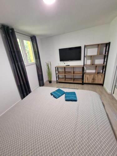 a bedroom with a bed with two blue towels on it at Chambre chez l habitant petit déjeuner compris in Fréjus