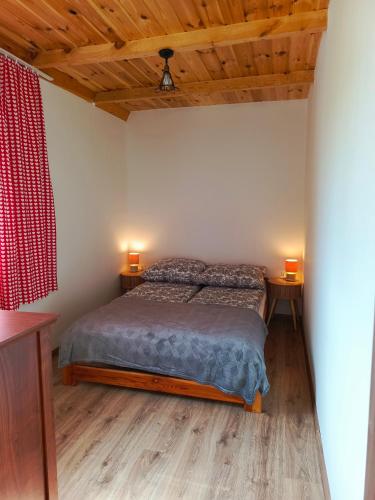 a bedroom with a bed and two lamps on two tables at Przystanek Natura in Radzie