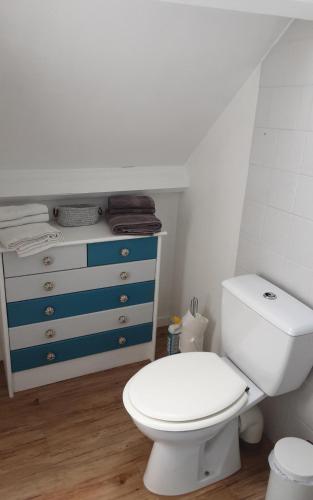 a bathroom with a white toilet and a dresser at Le Petit Montceaux in Le Val-Saint-Père
