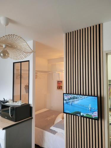 a bedroom with a bed and a television on a wall at Elegant studio Hyper center in Rodez