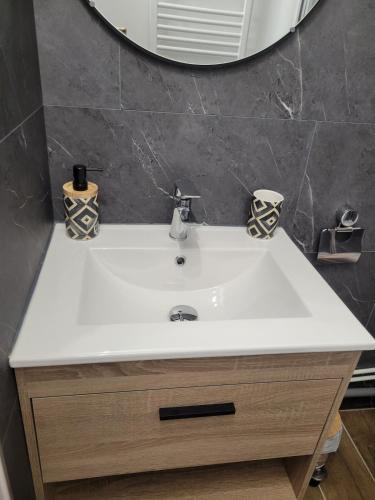 a bathroom with a sink and a mirror at Elegant studio Hyper center in Rodez