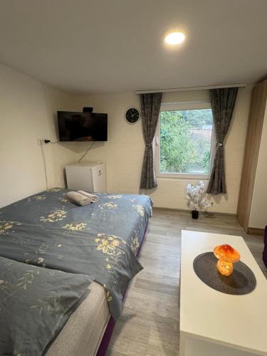 a bedroom with a bed and a table and a window at Georgeous lux apartment # purple in Foča