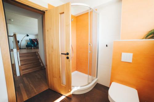 a bathroom with a glass shower and a toilet at MADARAS Country house in Ventava