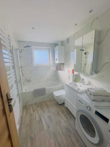 a bathroom with a sink and a washing machine at Apartamenty na Pięknej 24-2 in Nowy Sącz