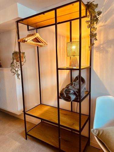 a book shelf with a lamp in a room at Cozy Apartment in Bad Oldesloe