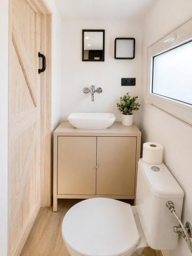a bathroom with a toilet and a sink at Boží maringotka in Humpolec